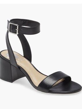 Vince Camuto Black Leather Ankle-Strap Block Heel Sandals
